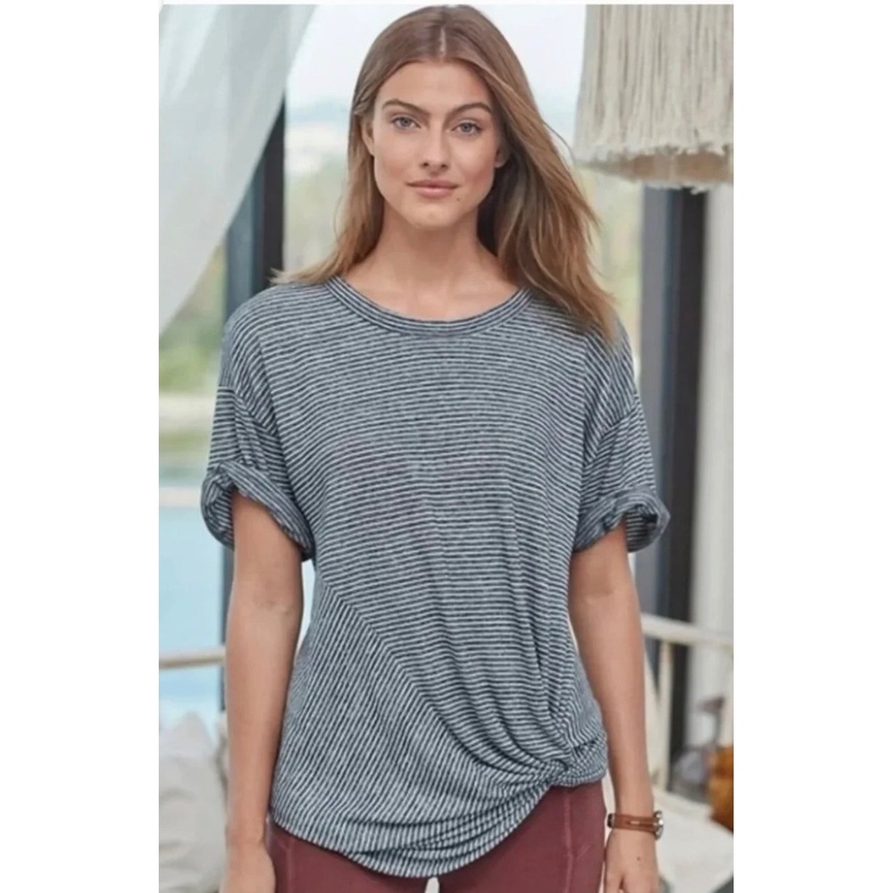 Sundance Ashlyn Striped Twist Front Cotton Linen Top Navy White Medium